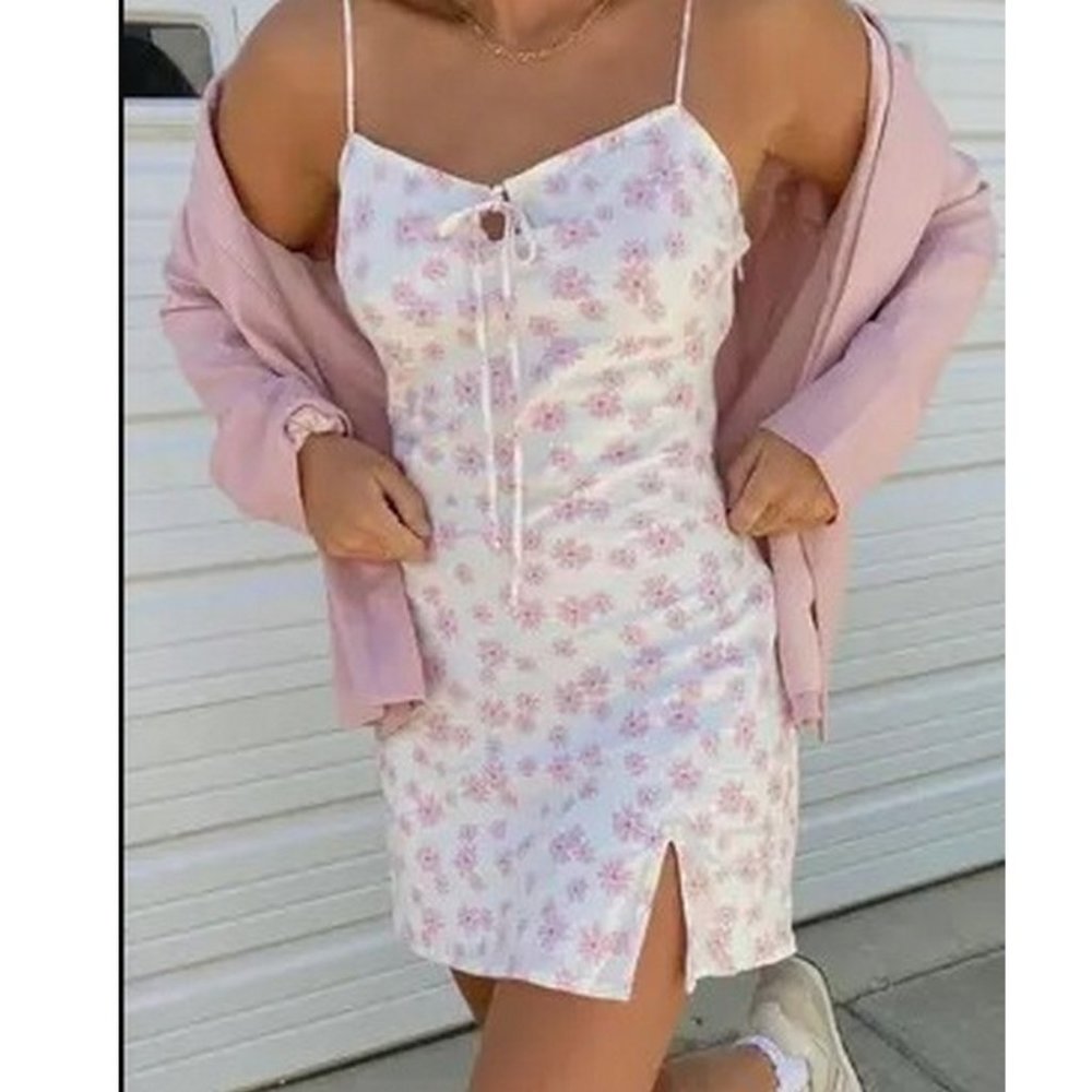 COTTON CANDY LA | Pink Floral Linen Mini Dress Medium Lace Up Back Zipper - Picture 1 of 9